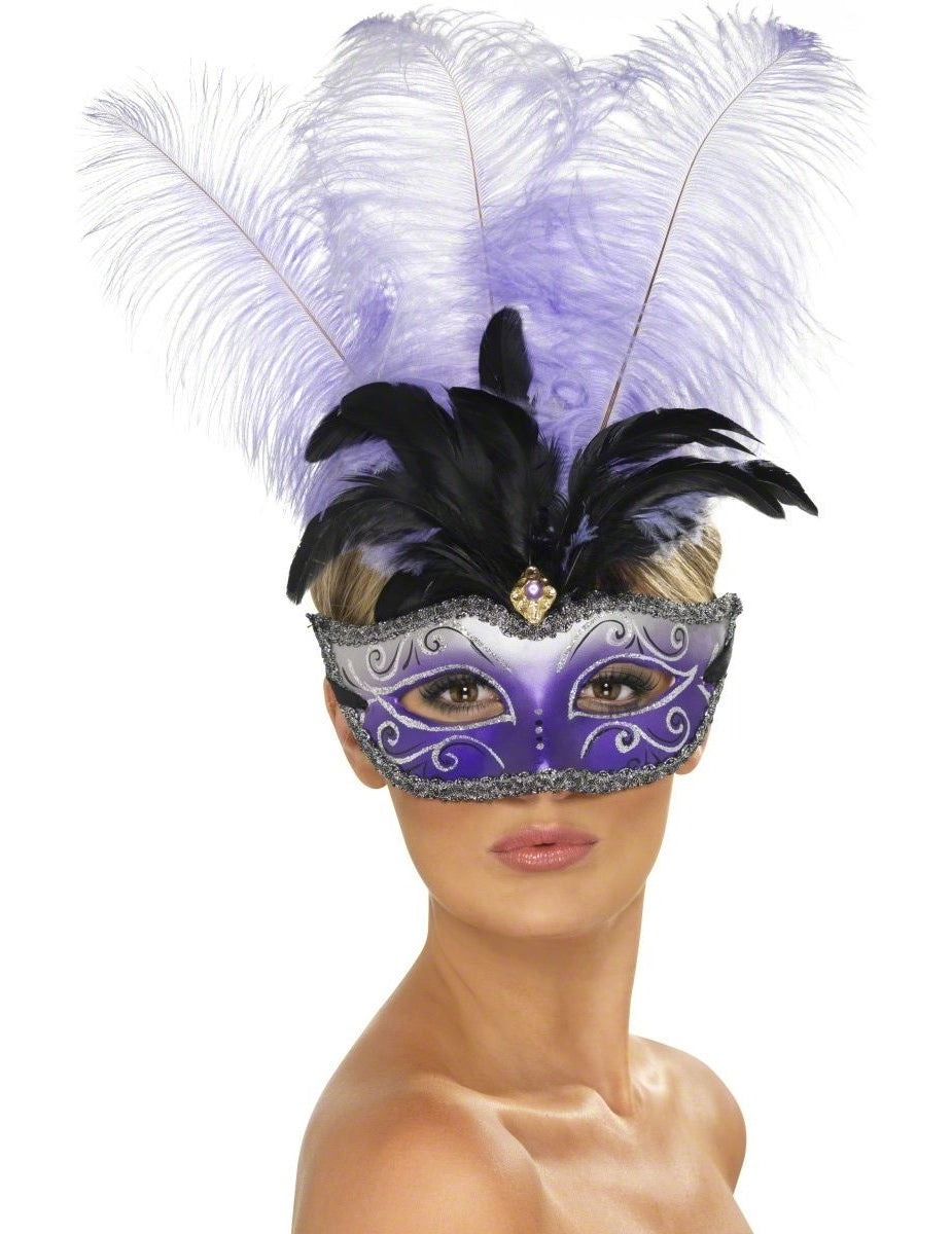 Loup vénitien violet avec grandes plumes noire et violette adulte