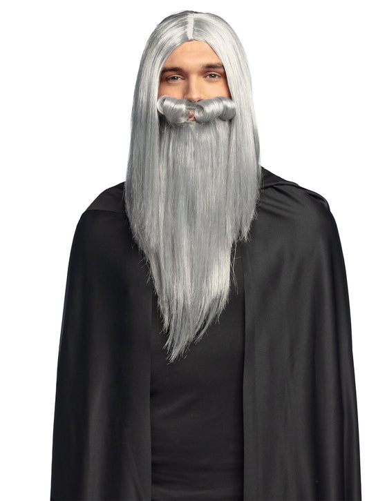 Perruque et barbe de sorcier magicien gris adulte
