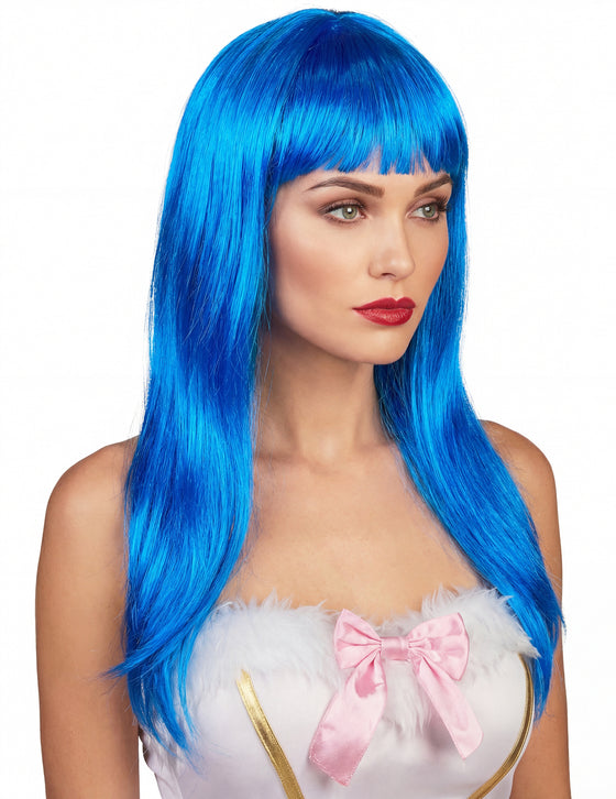 Perruque longue bleue à frange femme