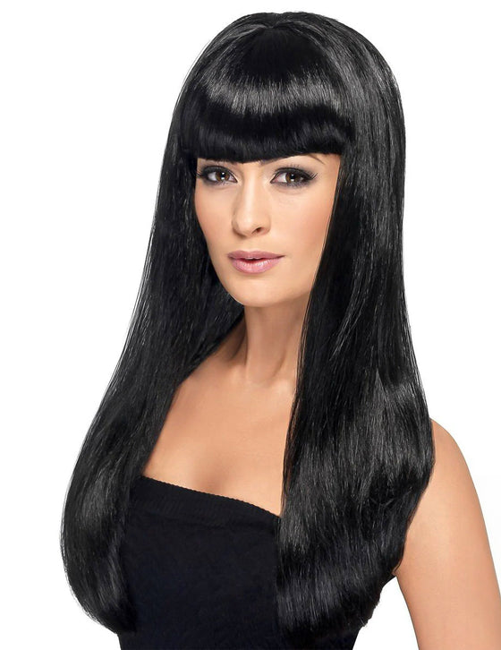 Perruque longue noire à frange femme