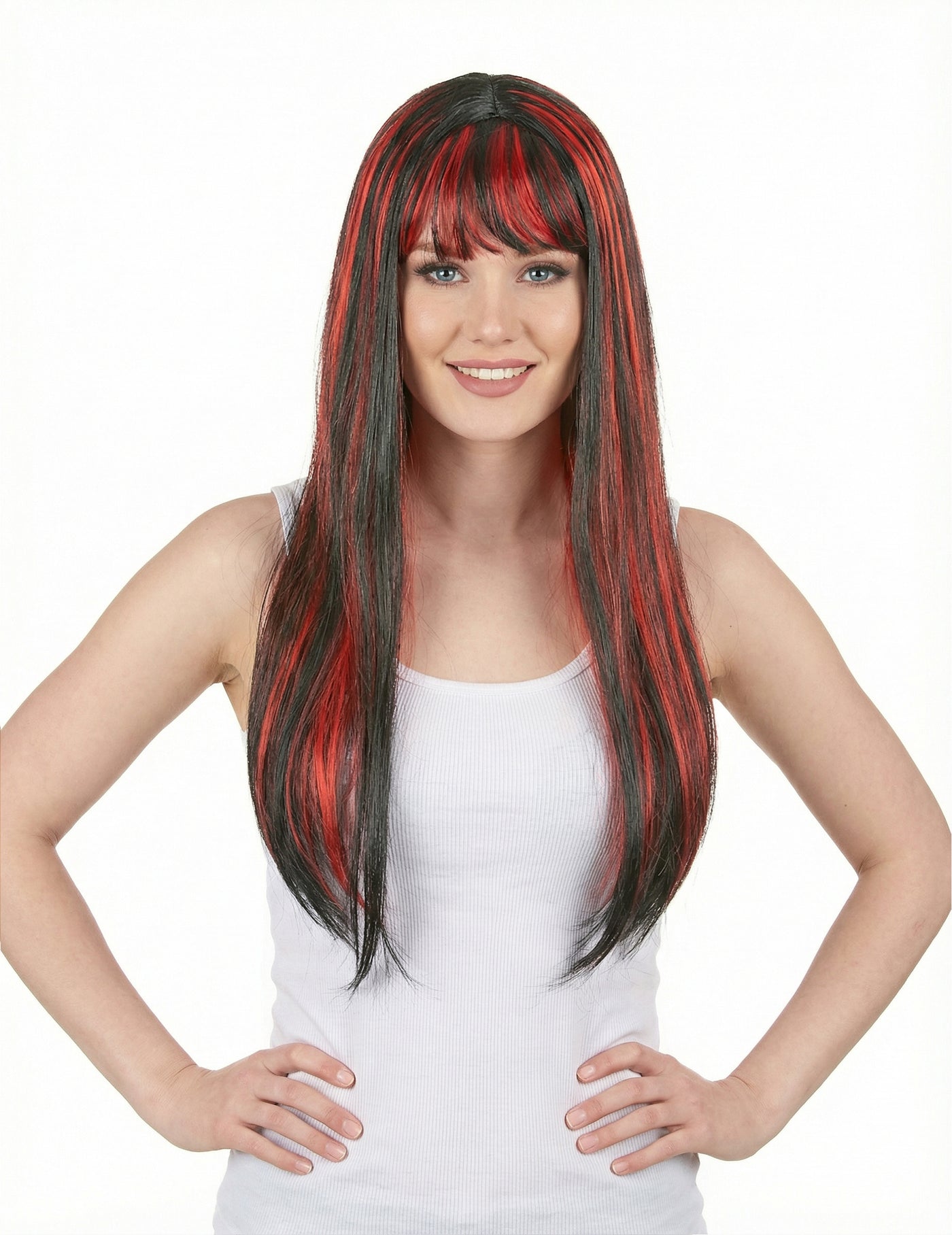 Perruque longue noire avec frange et balayage rouge femme