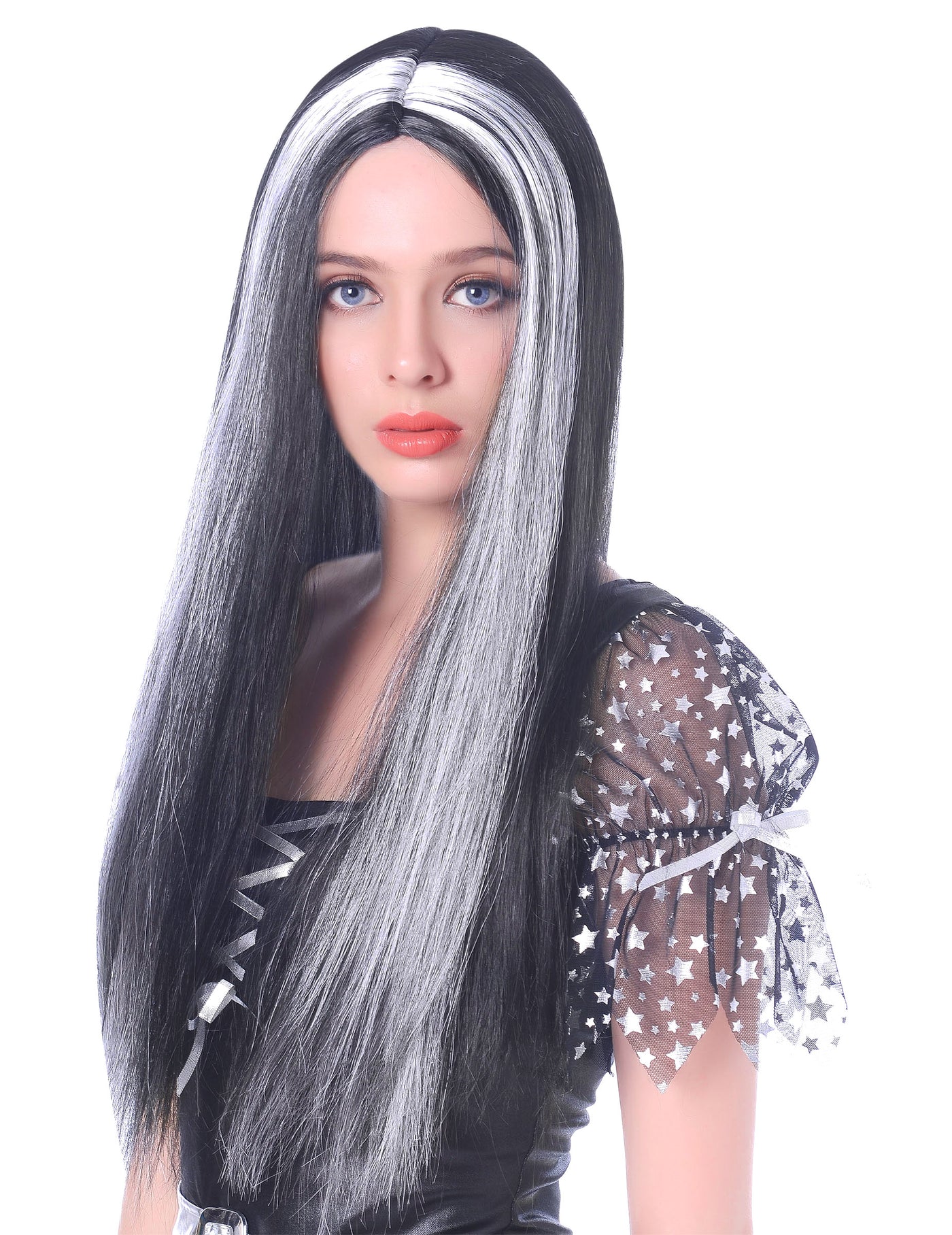 Perruque longue noire et blanche femme - 60cm