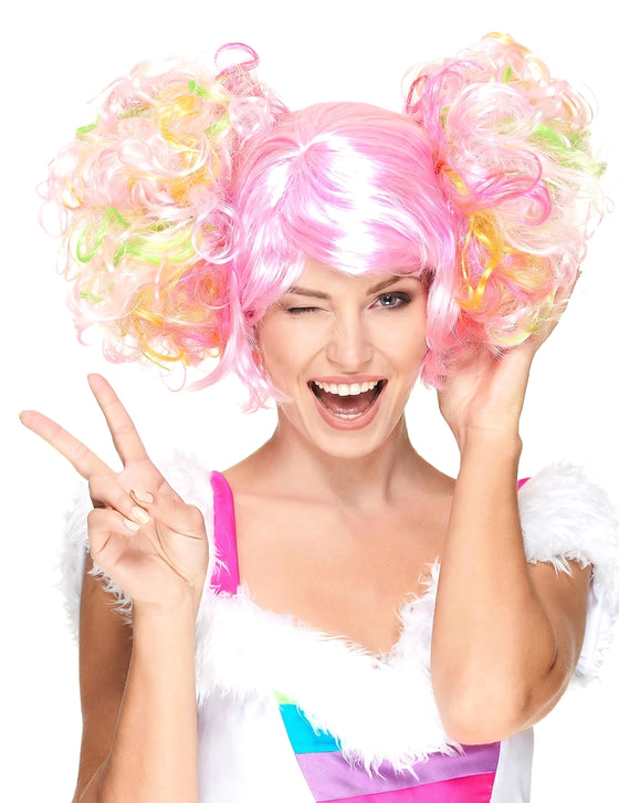 Perruque rose clair à couettes bouclées femme