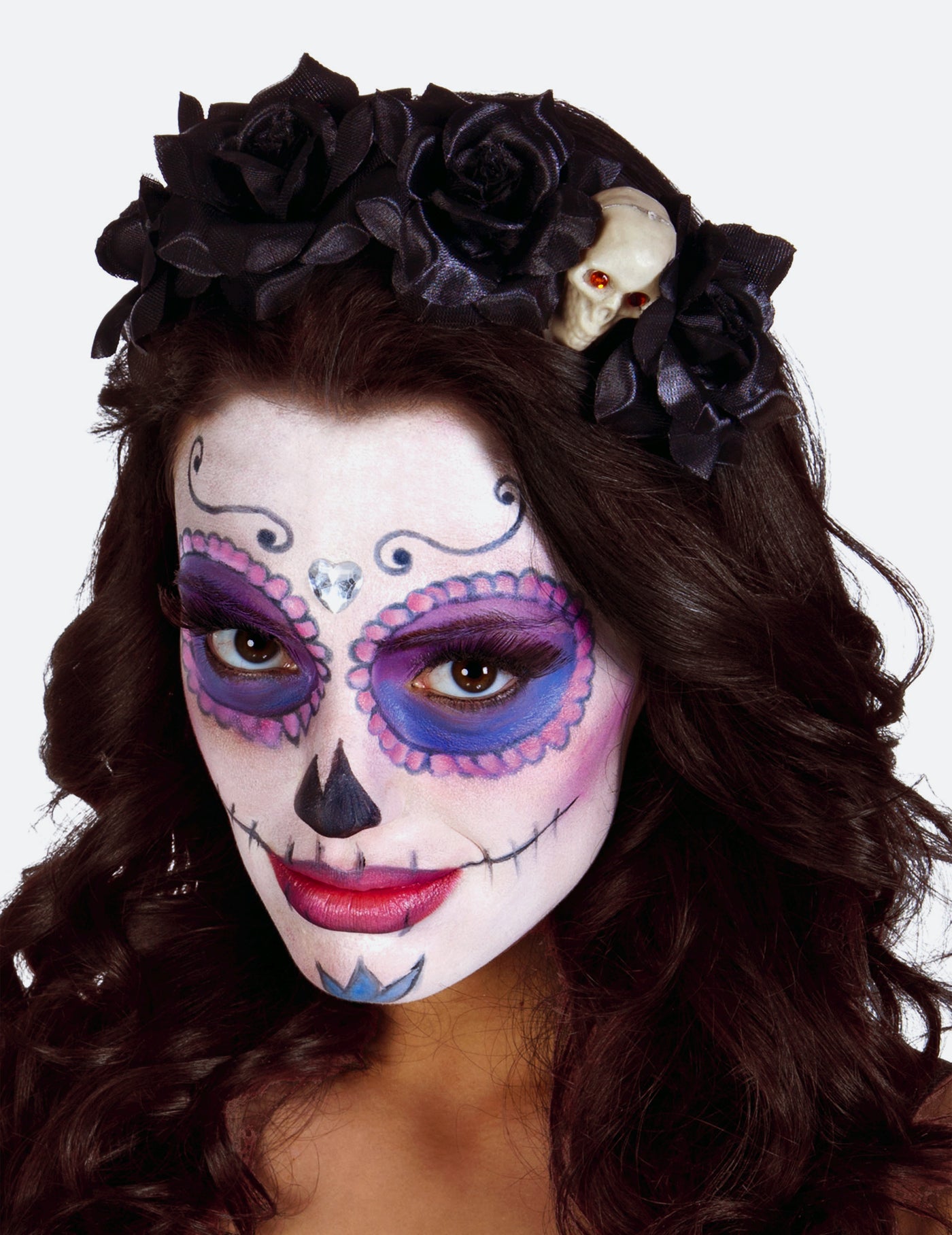 Serre-tête roses noires avec tête de mort femme Dia de los muertos
