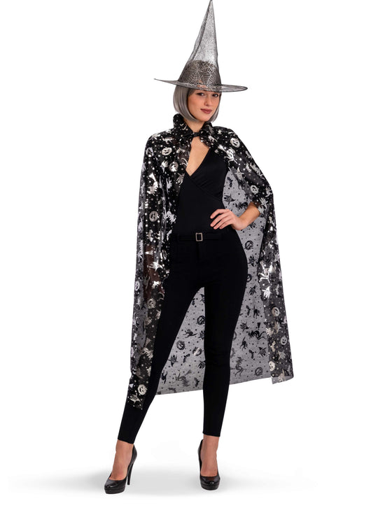 Set sorcière chapeau et cape noir et argent femme
