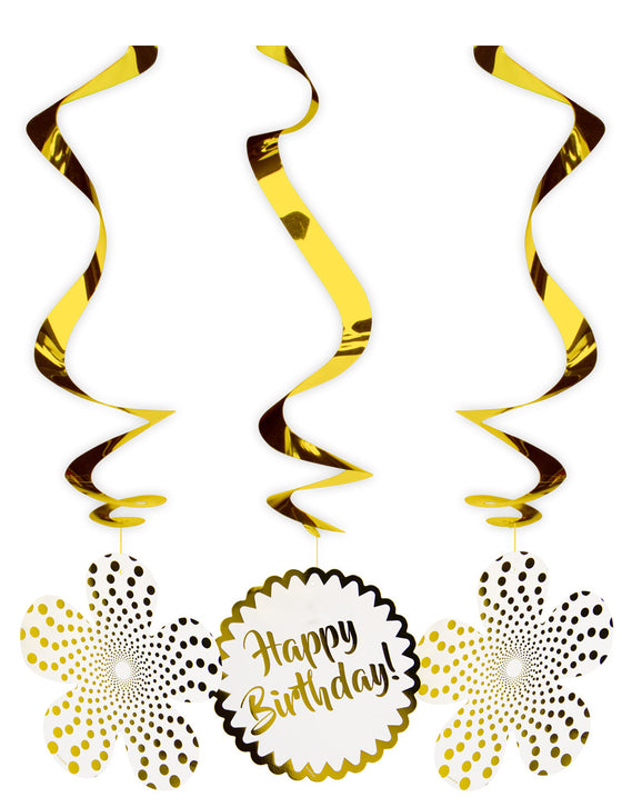 3 Suspensions spirales happy birthday dorées luxe