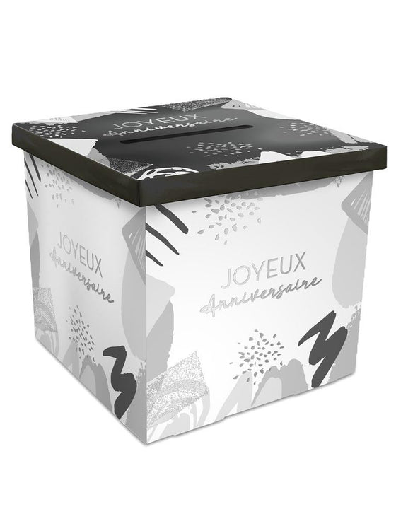 Urne en carton joyeux anniversaire blanc et argenté