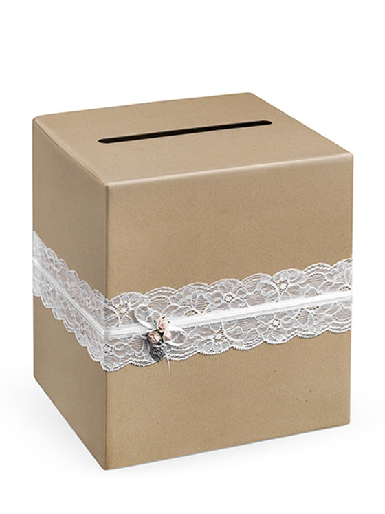 Urne kraft avec dentelle blanche 24 x 24 x 24 cm mariage champêtre