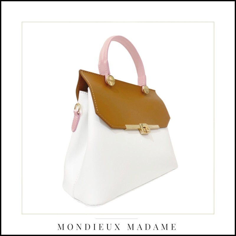 Sac" Colette " blanc/ camel/ rose poudré Mondieux Madame