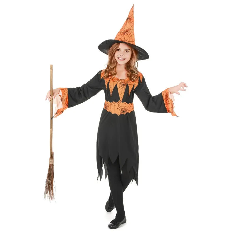 Déguisement sorcière orange et noire fille