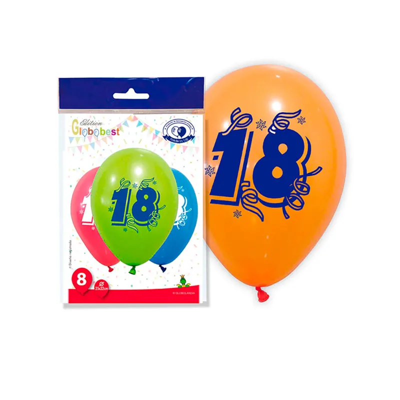 8 Ballons chiffre 18 multicolores 30 cm