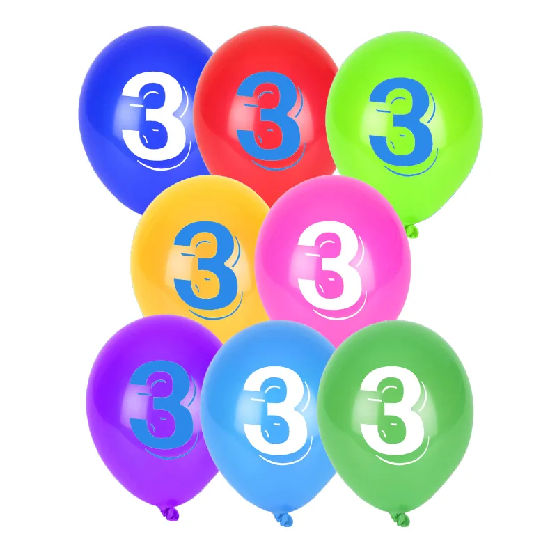 8 Ballons chiffre 3 multicolores 30 cm