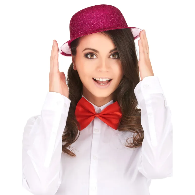 Chapeau melon pailleté fuschia adulte