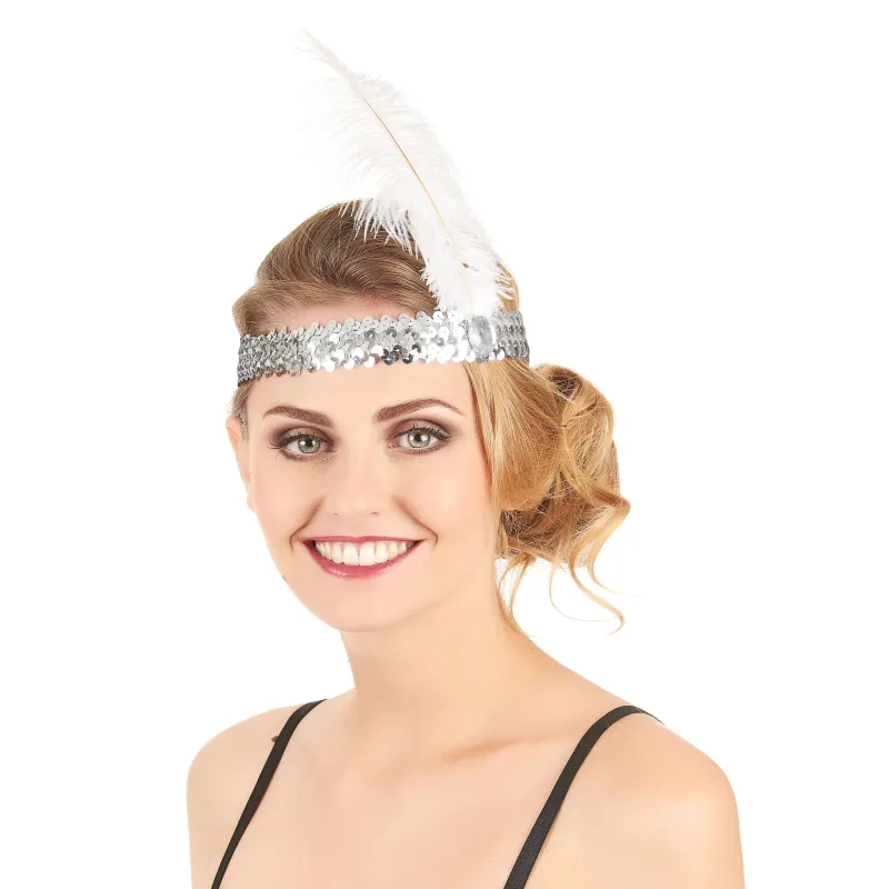 Bandeau Charleston à sequins et plume argenté femme