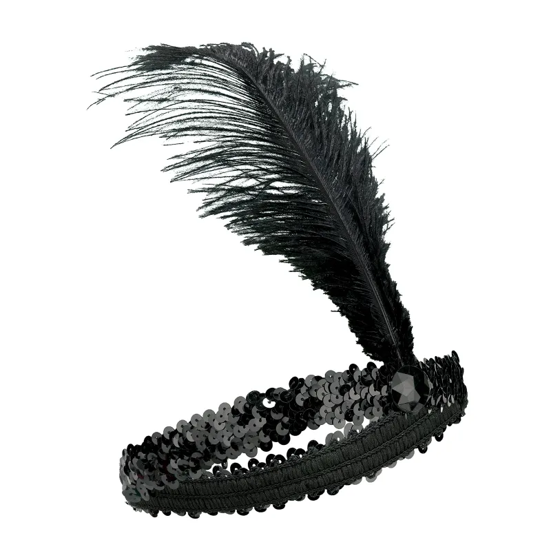 Bandeau Charleston à sequins et plume noir femme