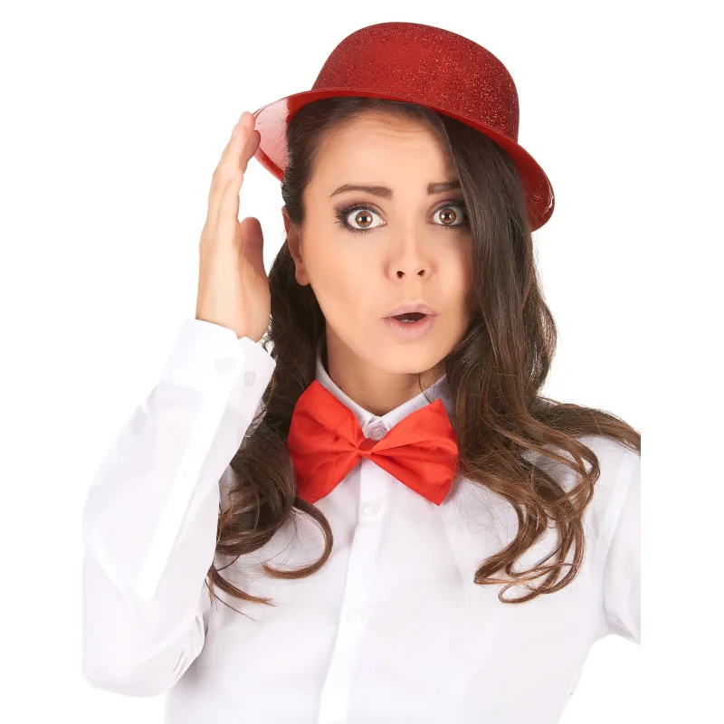 Chapeau melon plastique pailleté rouge adulte