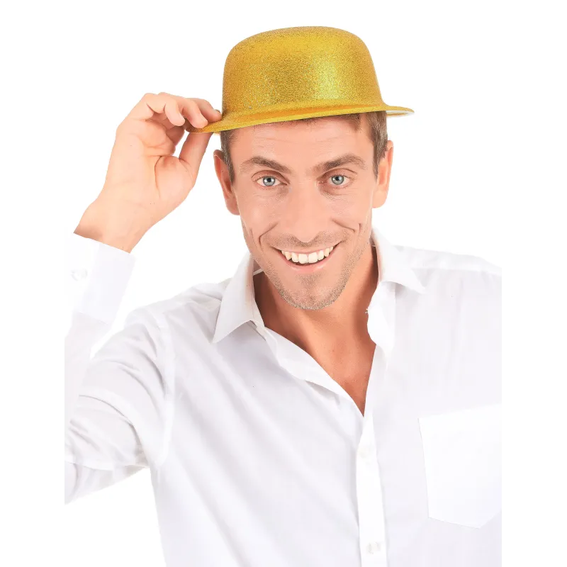 Chapeau melon plastique pailleté doré adulte