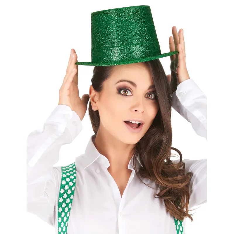 Chapeau haut de forme plastique pailleté vert adulte