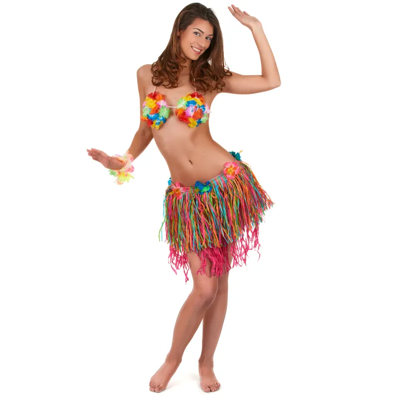 Jupe hawaïenne courte multicolore avec fleurs adulte