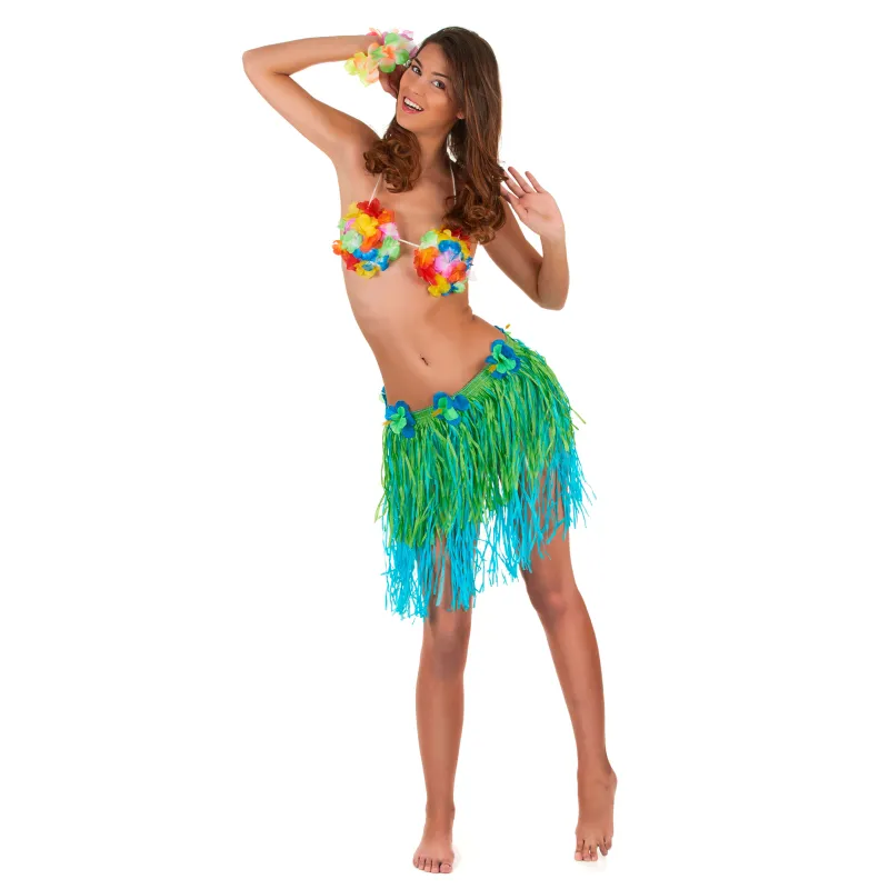 Jupe hawaïenne courte verte et bleue avec fleurs adulte