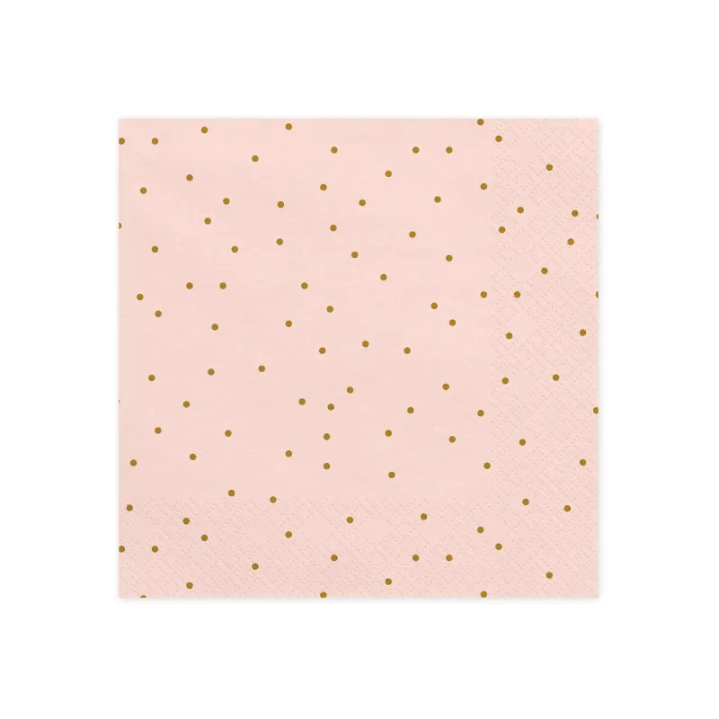 20 Serviettes en papier roses pâles à pois dorés 33 x 33 cm