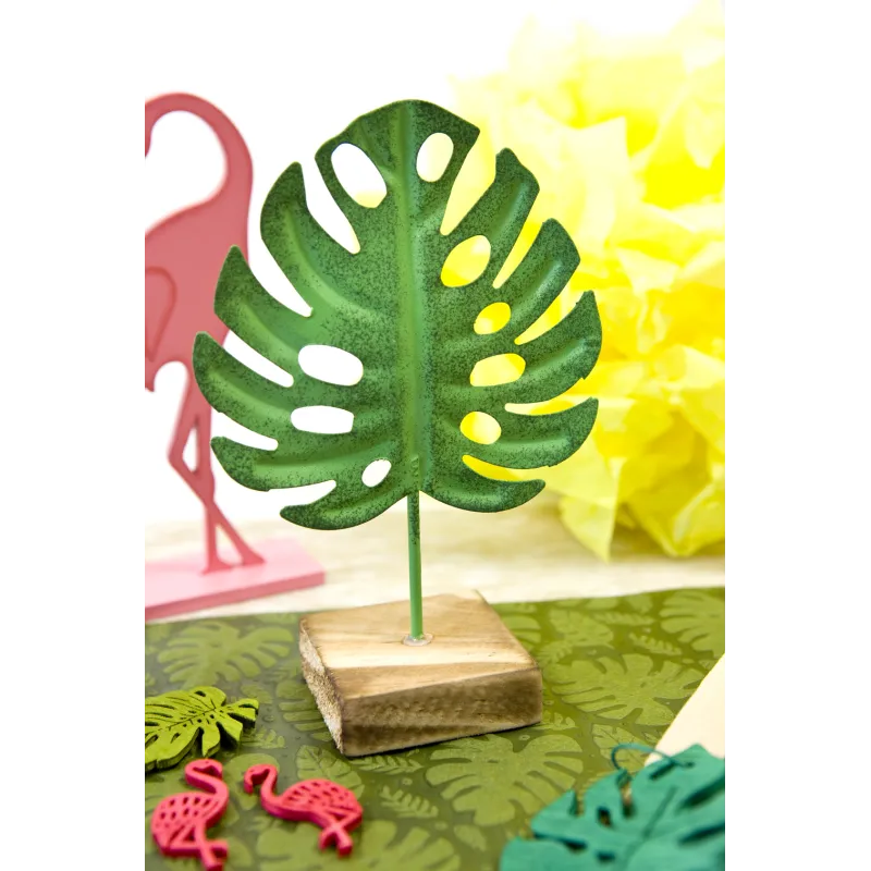 1 Feuille tropicale en métal sur socle en bois verte 15 cm