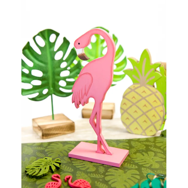 Flamant rose en bois sur socle rose 15 cm