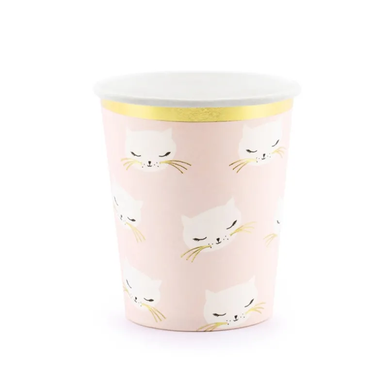 6 Gobelets en carton chaton roses et blancs 200 ml
