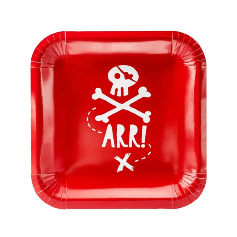 6 Assiettes en carton fête de pirate rouges 20 cm