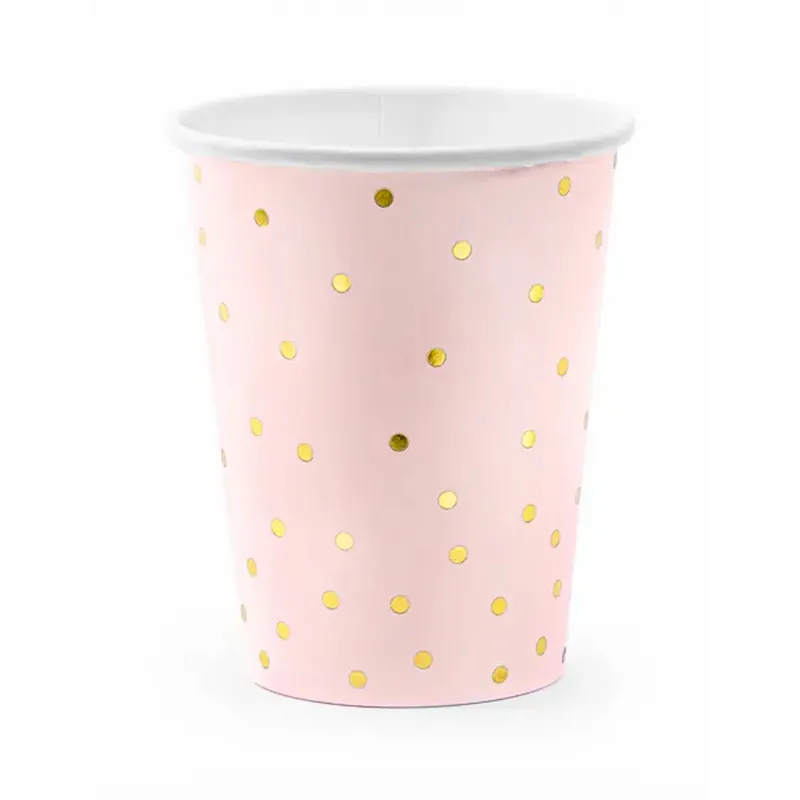 6 Gobelets en carton rose pâle et pois dorés 260 ml