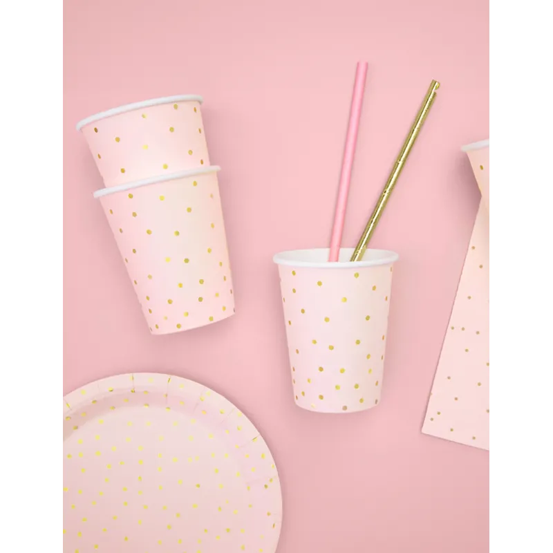 6 Gobelets en carton rose pâle et pois dorés 260 ml