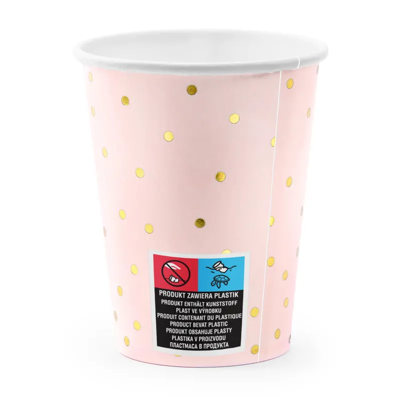 6 Gobelets en carton rose pâle et pois dorés 260 ml
