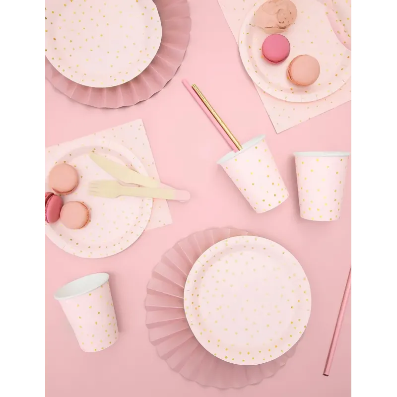 6 Gobelets en carton rose pâle et pois dorés 260 ml