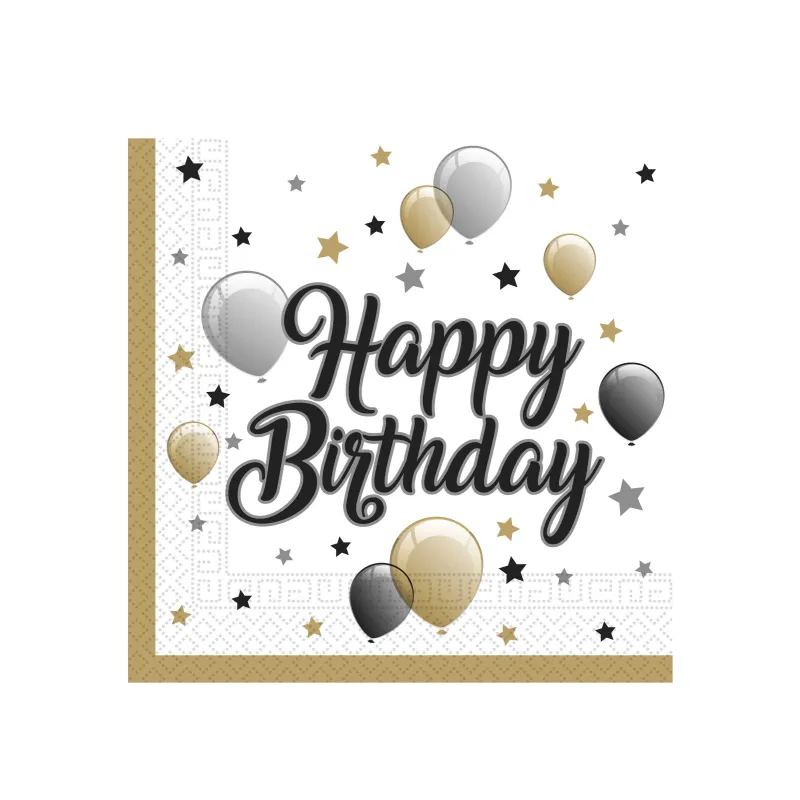 20 Serviettes en papier happy birthday doré noir argent 33 x 33 cm