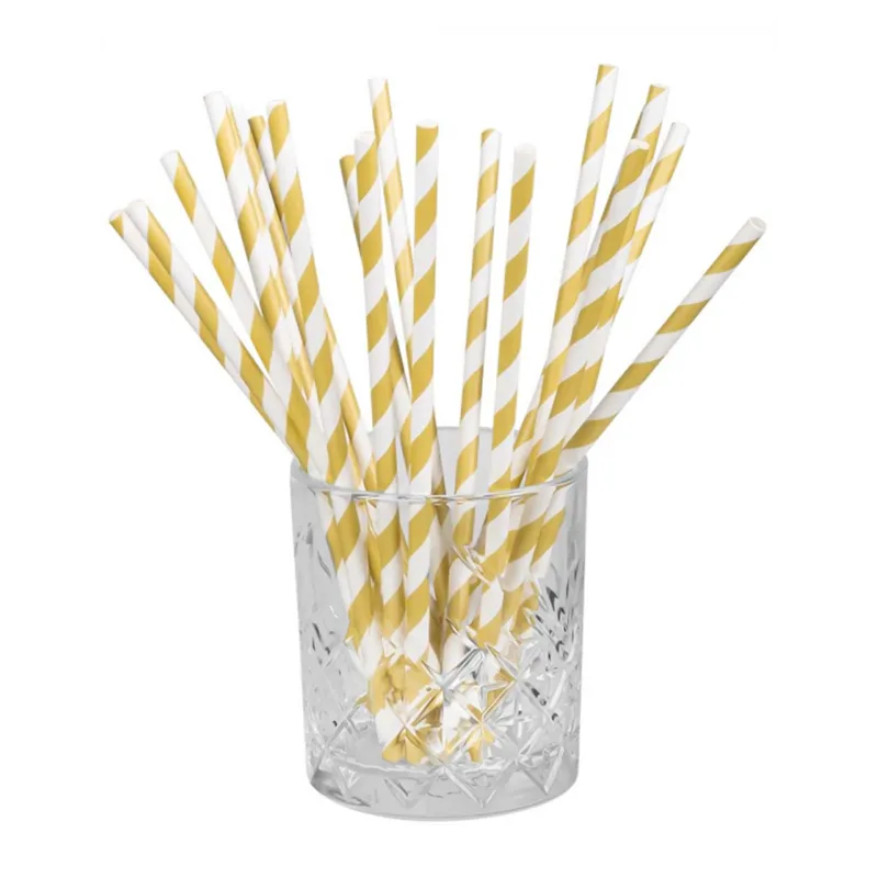 20 Pailles en carton rayées dorées 20 cm