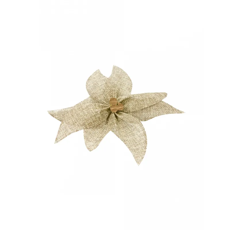 N?ud de poinsettia en toile avec perle en bois 15 cm