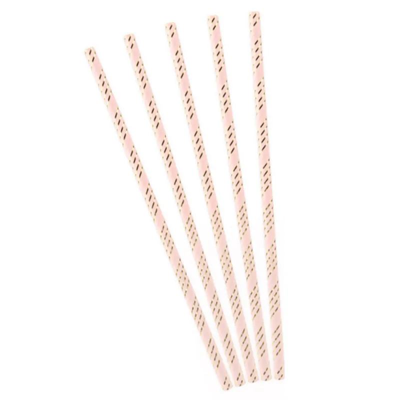 10 Pailles en carton roses rayées doré métallisé 19,5 cm