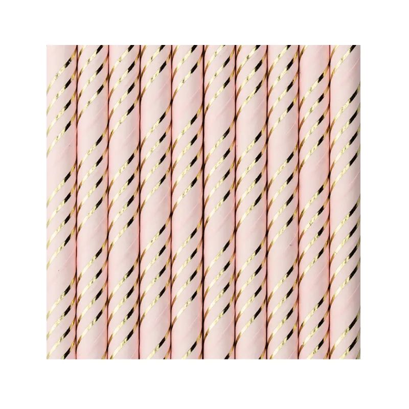 10 Pailles en carton roses rayées doré métallisé 19,5 cm