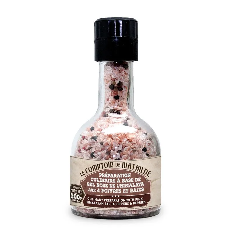 Préparation Culinaire - Sel Rose de l'Himalaya aux 4 Poivres et Baies - Empilable - 300g