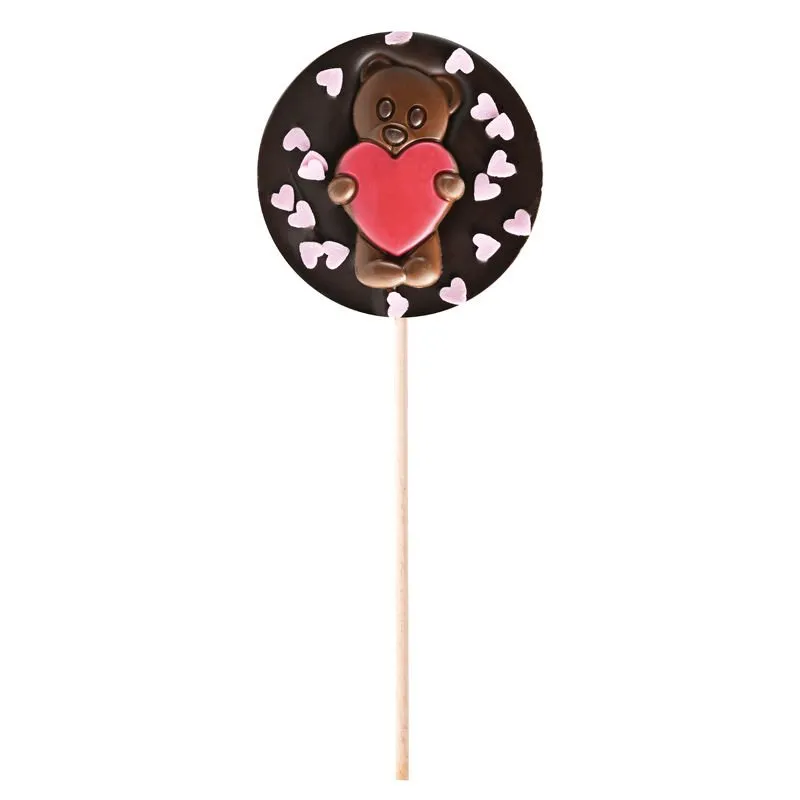 Sucette Chocolat Noir Ourson Cœurs Roses - 50g