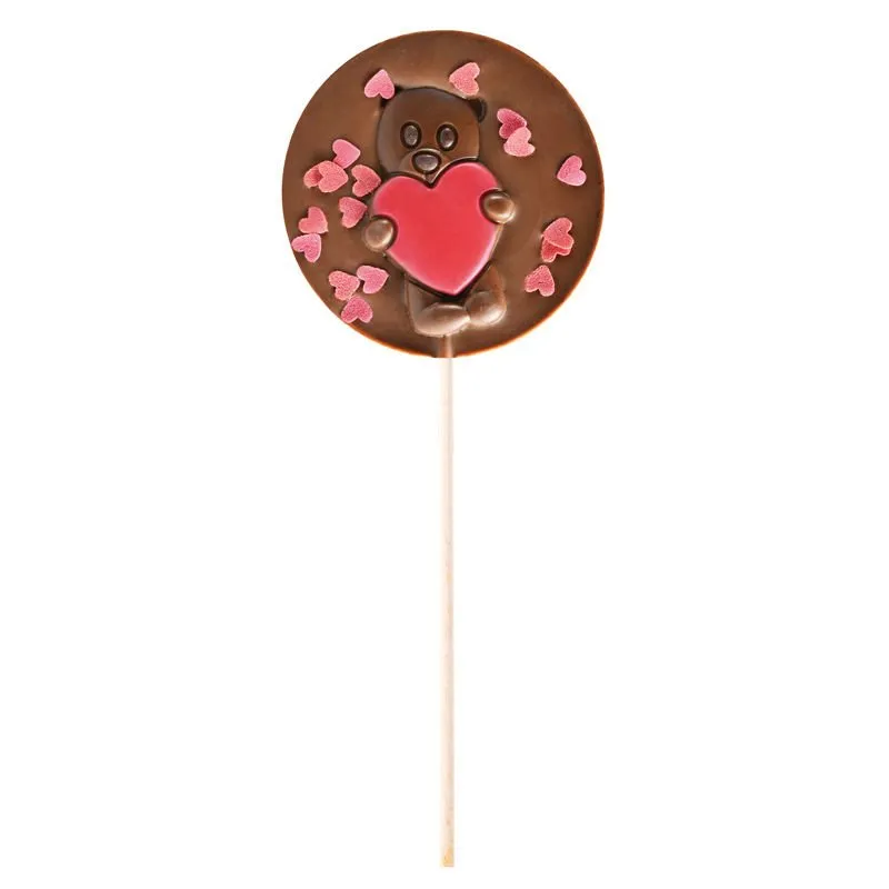 Sucette Chocolat Lait Ourson Cœurs Rouges - 50g