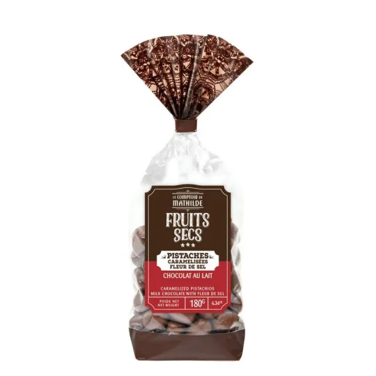 Pistaches enrobées de chocolat au lait fleur de sel 180g