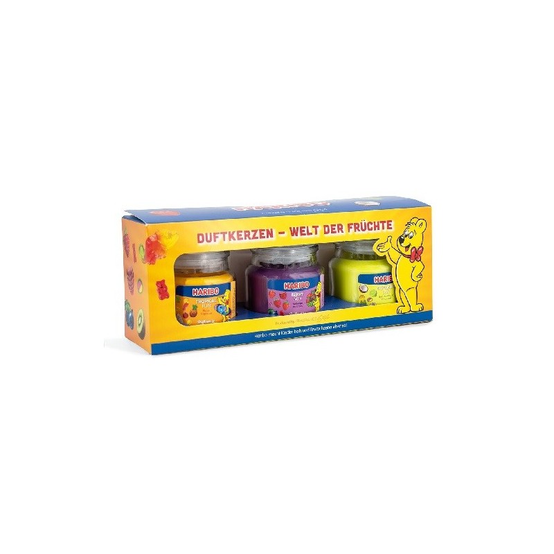 Lot de 3 bougies parfumées Haribo Fruit Power - Berry Mix, Noix de coco et citron vert, Tropical Fun - 3 x 85g