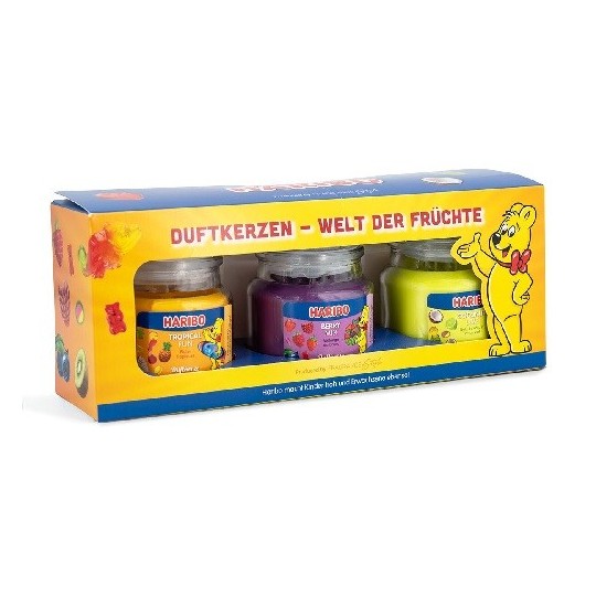 Lot de 3 bougies parfumées Haribo Fruit Power - Berry Mix, Noix de coco et citron vert, Tropical Fun - 3 x 85g