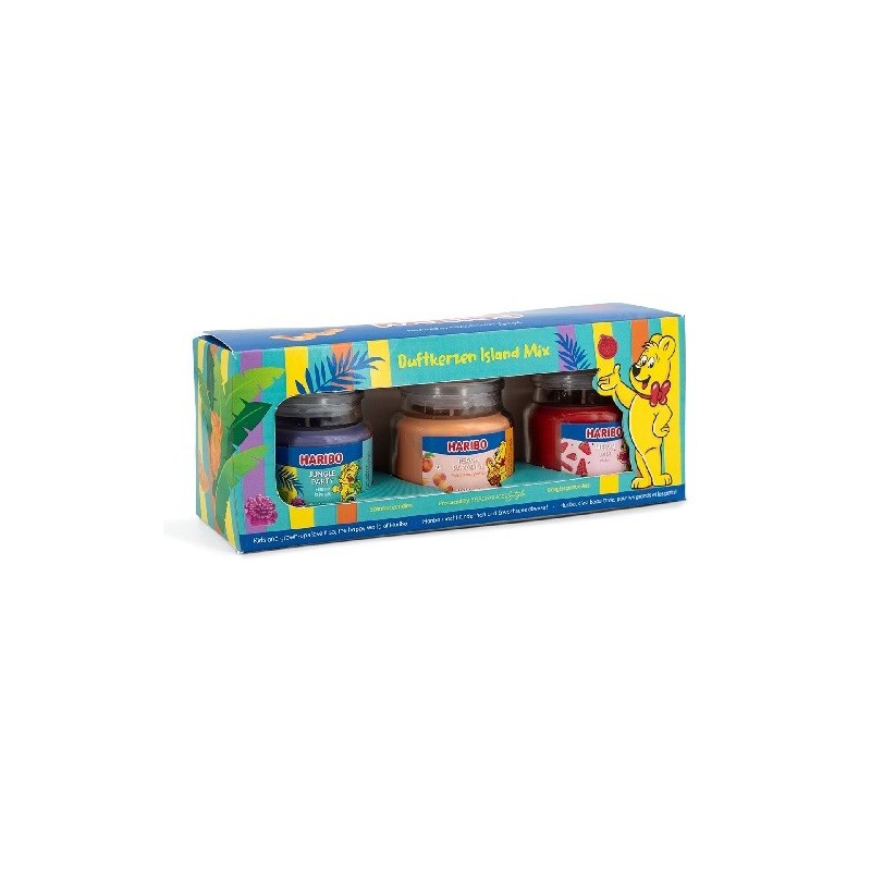 Lot de 3 Bougies Parfumées Haribo Island - Jungle Party, Melon Mix, Peach Paradise - 3 x 85g