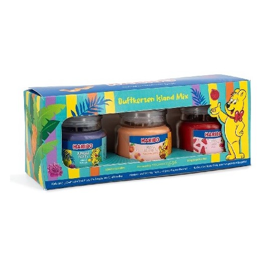 Lot de 3 Bougies Parfumées Haribo Island - Jungle Party, Melon Mix, Peach Paradise - 3 x 85g
