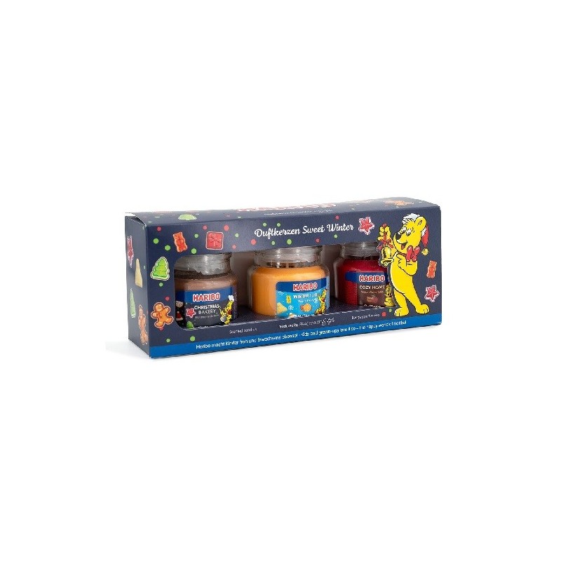 Lot de 3 bougies parfumées Haribo Sweet Winter - Boulangerie de Noël, Plaisir d’hiver, Maison douillette - 3 x 85g