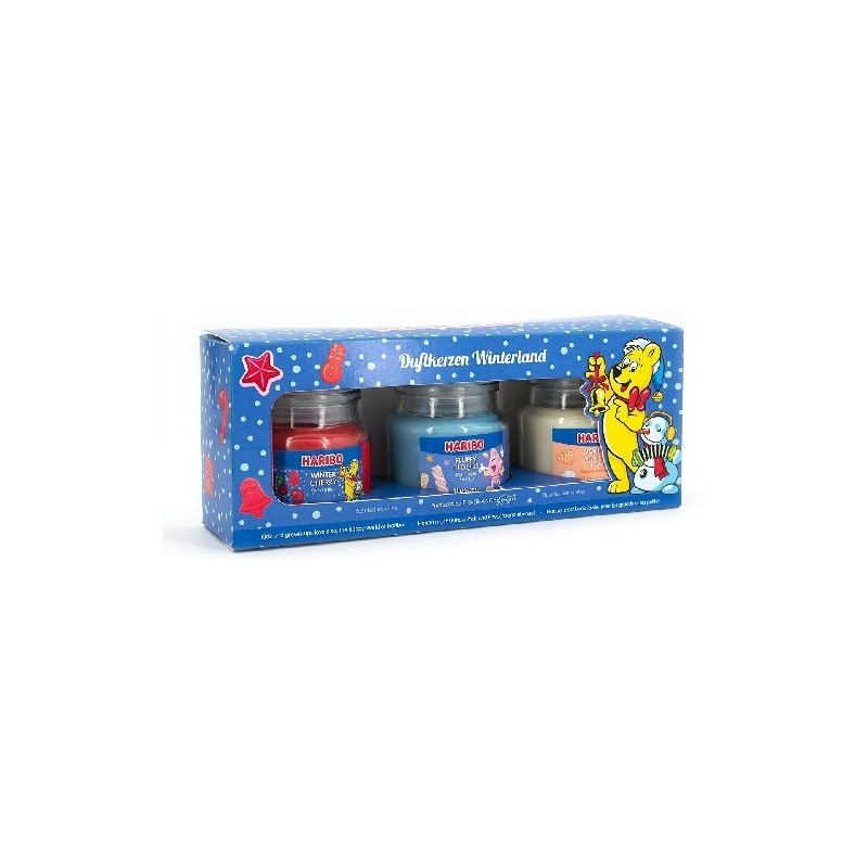 Lot de 3 Bougies Parfumées Haribo Winterland - Cerise d’hiver, Nuages moelleux, Crème gaufrée à la vanille - 3 x 85g