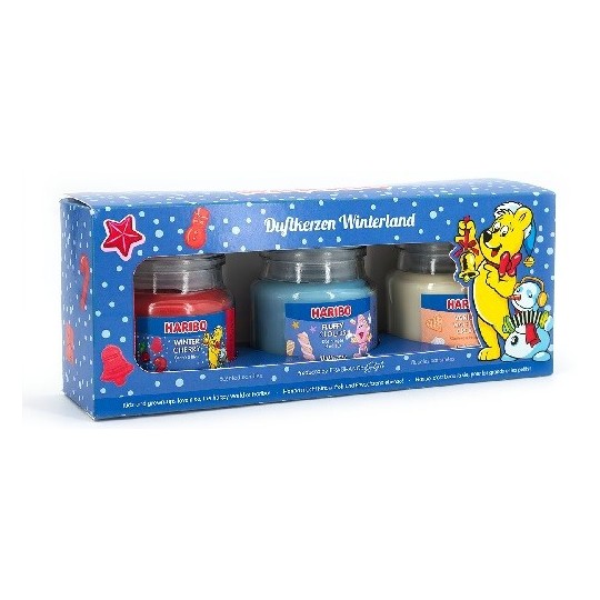 Lot de 3 Bougies Parfumées Haribo Winterland - Cerise d’hiver, Nuages moelleux, Crème gaufrée à la vanille - 3 x 85g