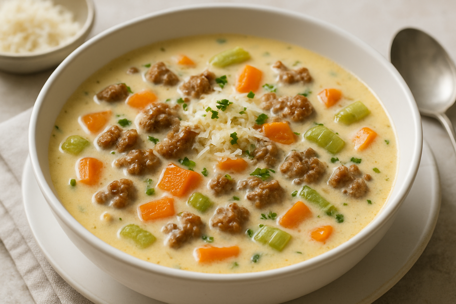 Soupe crémeuse à la saucisse italienne, au parmesan, aux carottes et au céleri